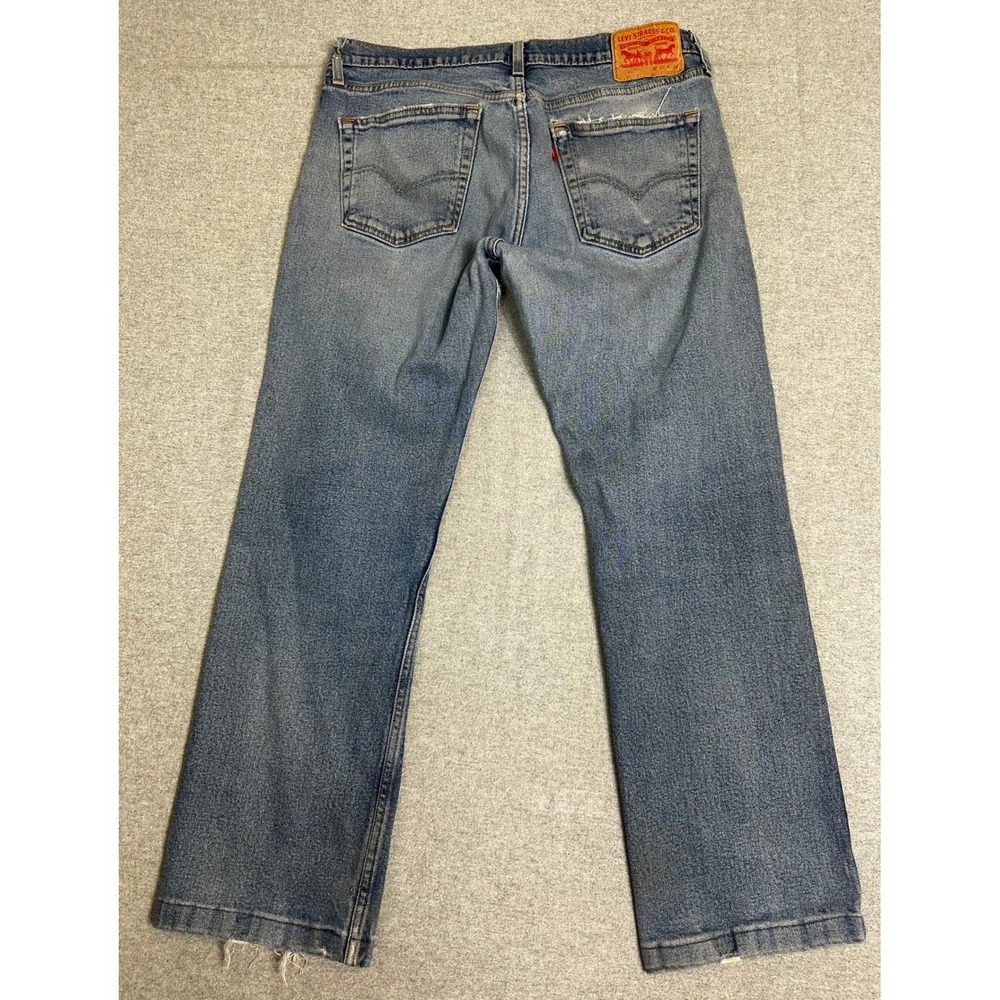 Levis 527 Slim Bootcut Jeans 32x27 HEMMED Blue Distressed Frayed Hem